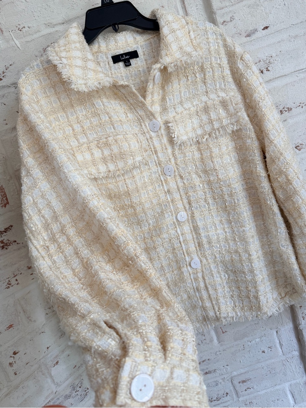 Lulus Take Notes Ivory Plaid Tweed Fringe Shacket Jacket L - Picture 7 of 11
